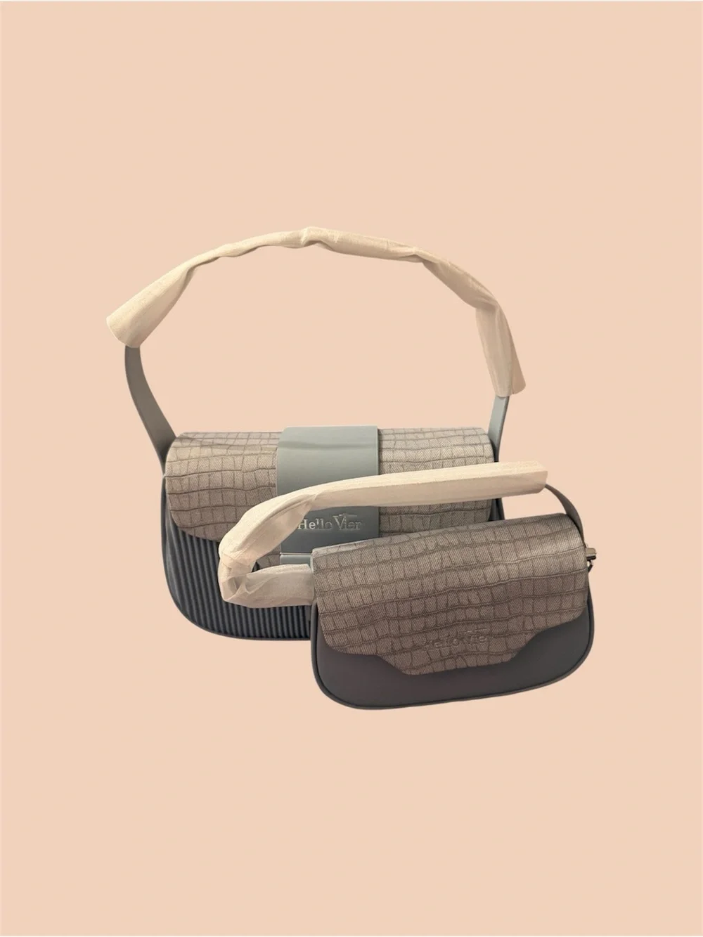 Croc-Textured Taupe Shoulder Bag with Slate Accents